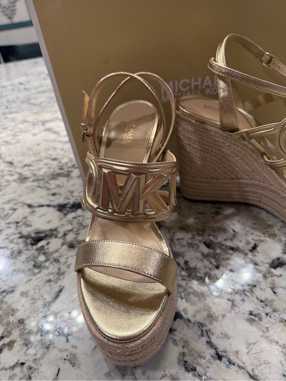 Michael Kors Metallic Gold MK Espadrille Wedge Sandals
